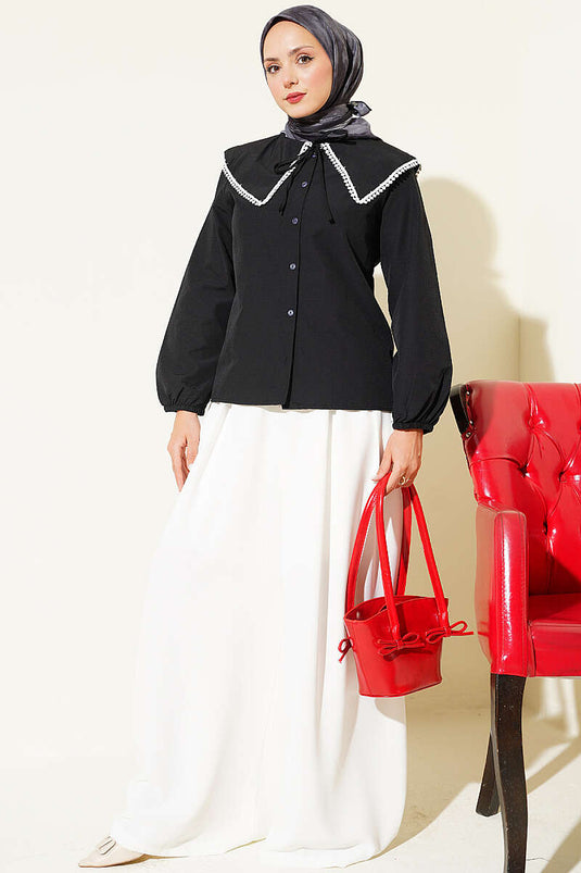 Chemise À Col Bébé Orné De Dentelle Noire
