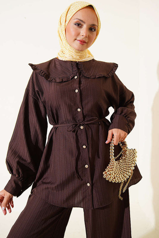 Bebe Yaka İp Bağcıklı İkili Takım Kahve