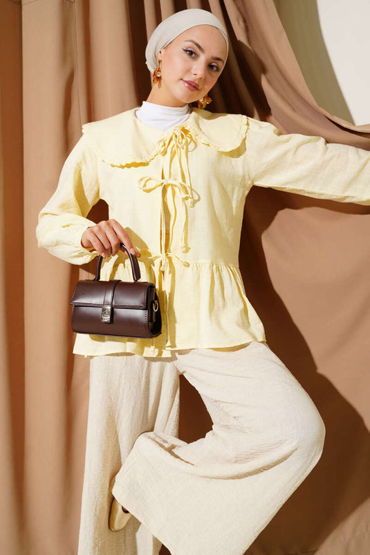 Bebe Yaka İp Bağlamalı Kimono Sarı