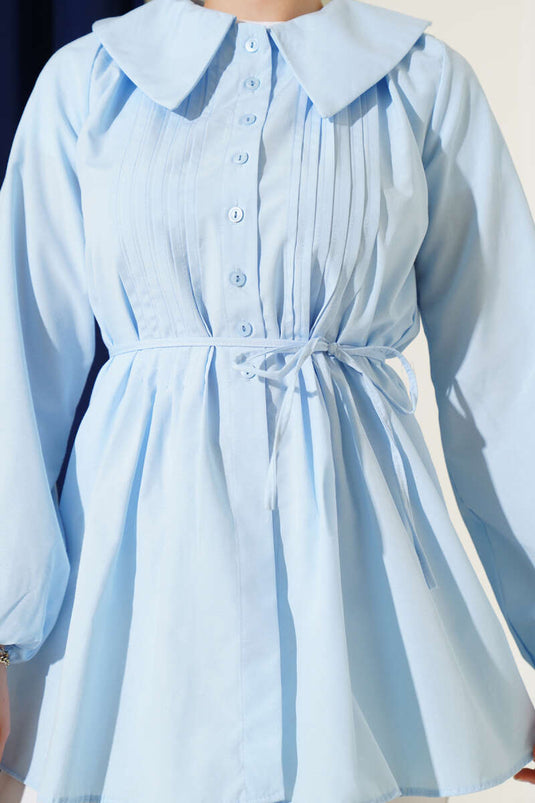 Bebe Yaka İp Kuşaklı Gömlek Bebe Mavi
