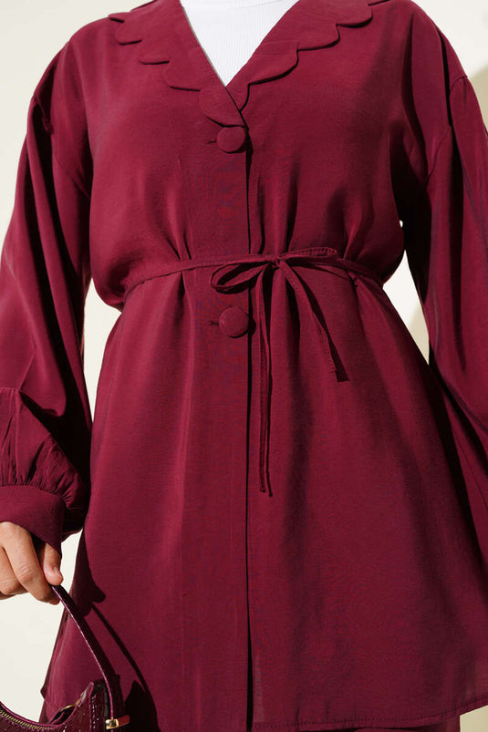 بدلة أطفال من قطعتين مع طوق وحبل وحزام - لون عنابي