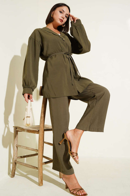 Bebe Yaka İp Kuşaklı İkili Takım Haki