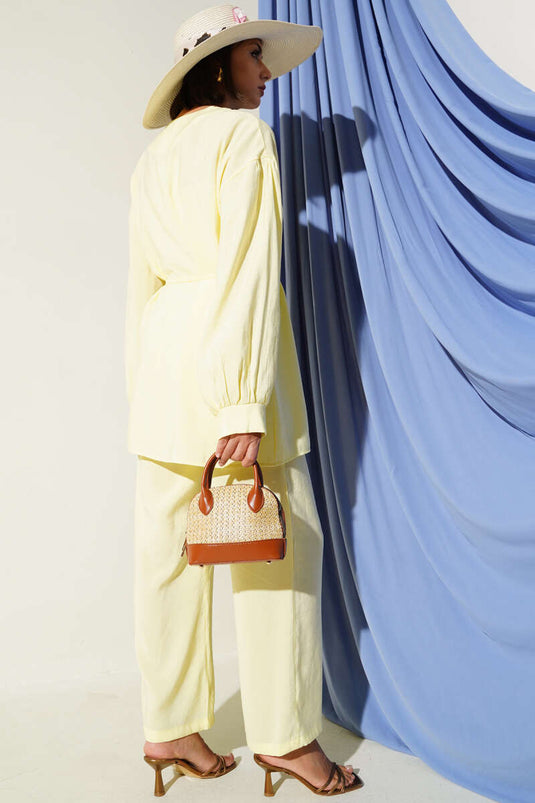 Bebe Yaka İp Kuşaklı İkili Takım Sarı