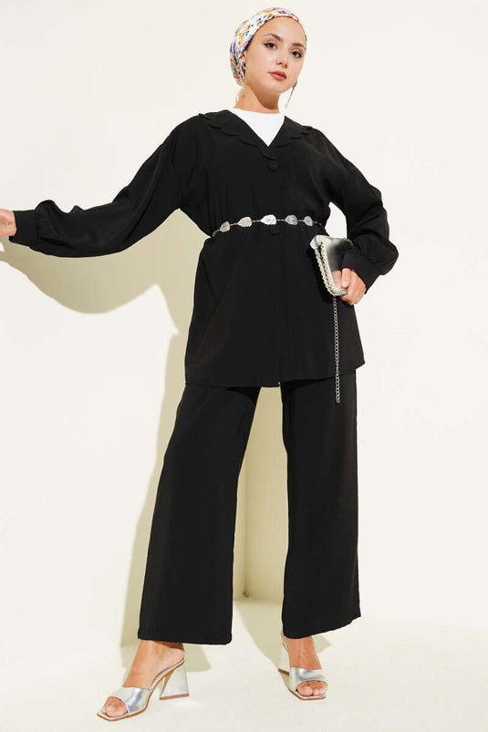 بدلة أطفال من قطعتين مع طوق وحبل وحزام باللون الأسود