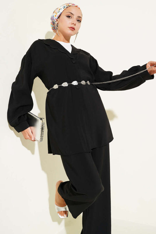 بدلة أطفال من قطعتين مع طوق وحبل وحزام باللون الأسود