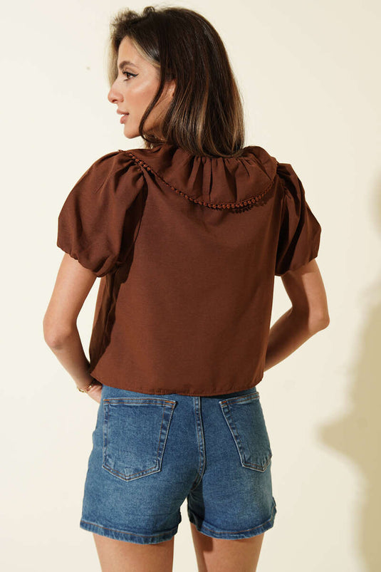 Baby Collar Short Sleeve Drawstring Blouse Brown