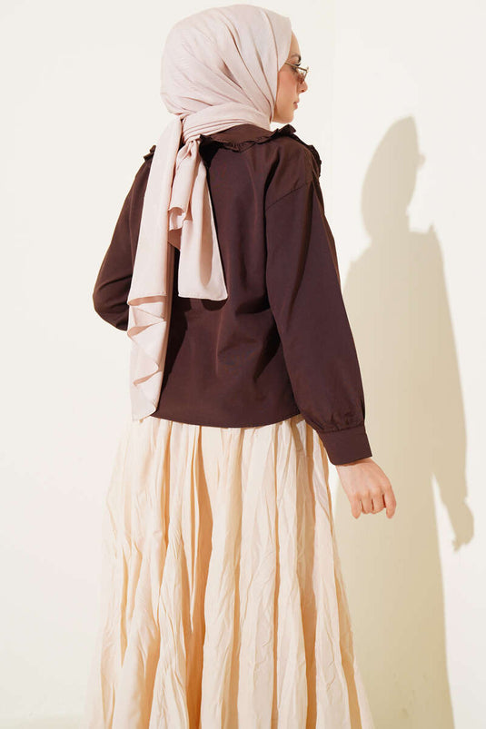 Chemise à col bébé avec détail ruban, marron foncé