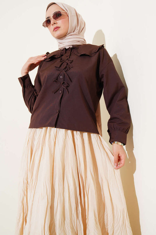 Chemise à col bébé avec détail ruban, marron foncé