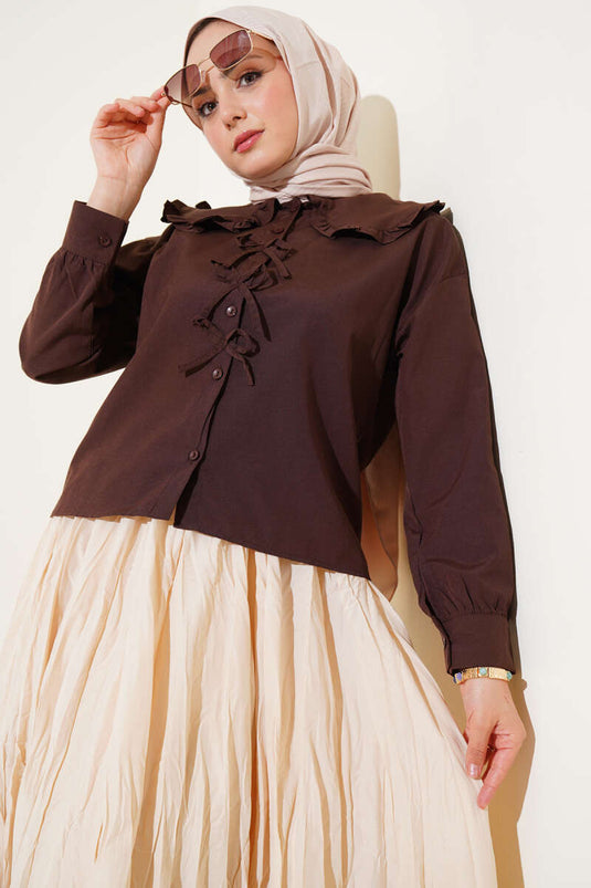 Chemise à col bébé avec détail ruban, marron foncé