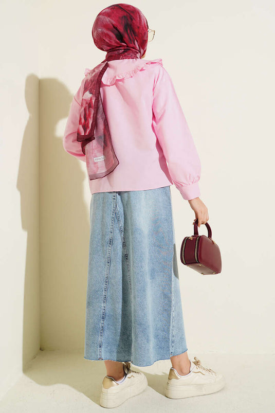 Chemise rose avec col bébé et détail ruban