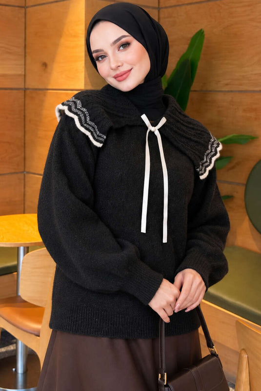 Baby Collar Ribbon Detail Knit Sweater Anthracite