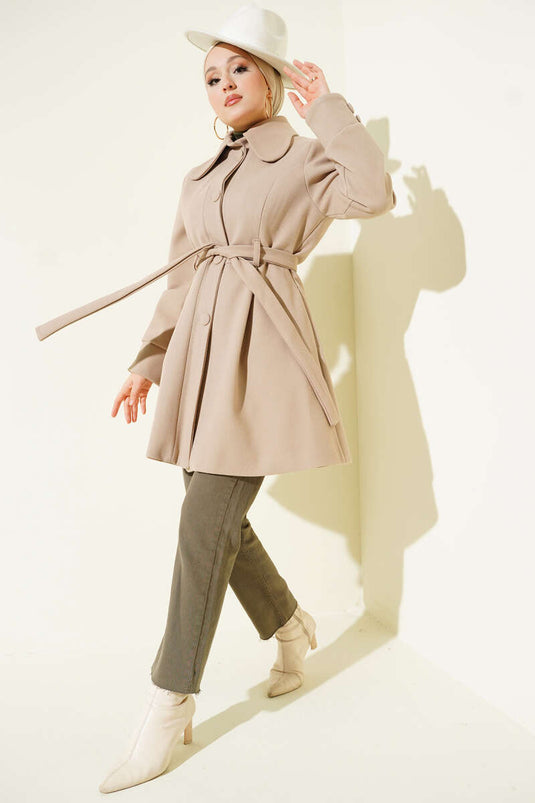 Peter Pan Collar Belted Cashmere Coat, Beige
