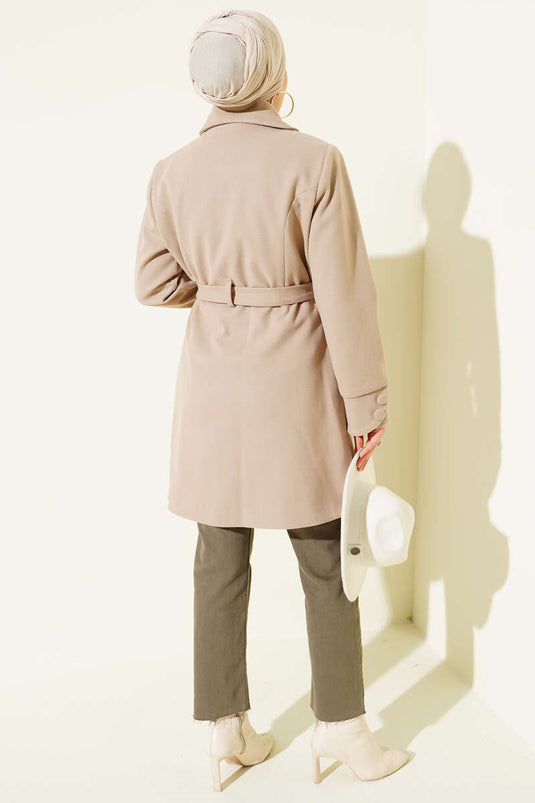 Peter Pan Collar Belted Cashmere Coat, Beige