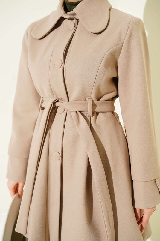 Peter Pan Collar Belted Cashmere Coat, Beige
