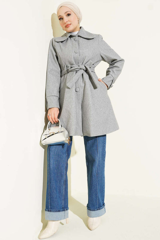Baby Collar Belted Cashmere Coat Grey