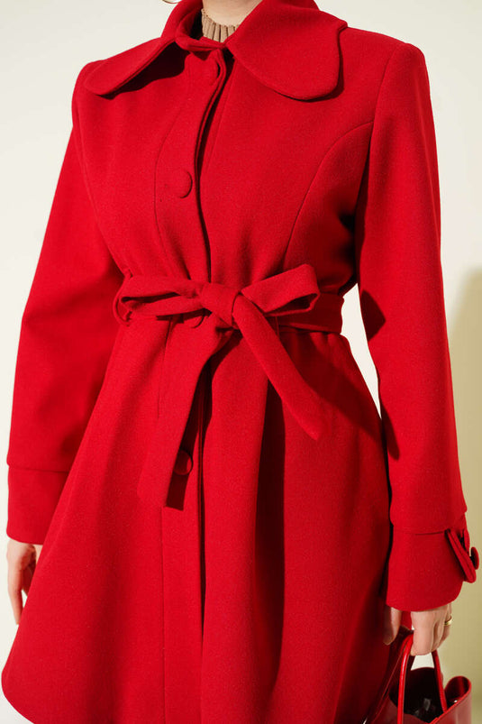 Peter Pan Collar Belted Cashmere Coat, Red