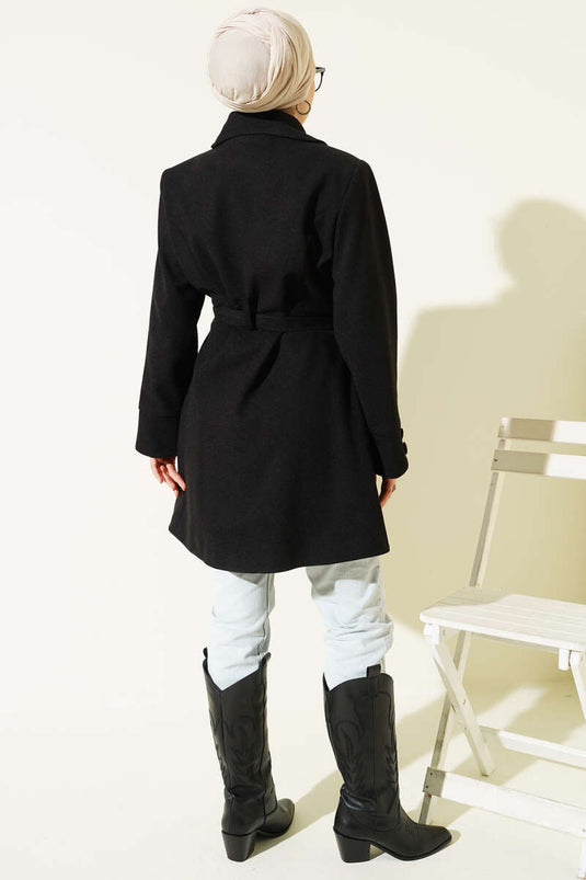 Peter Pan Collar Belted Cashmere Coat, Black