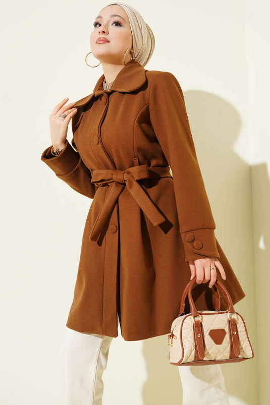 Peter Pan Collar Belted Cashmere Coat, Tan