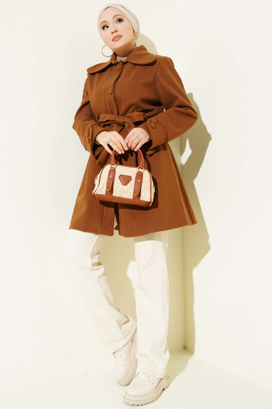 Peter Pan Collar Belted Cashmere Coat, Tan