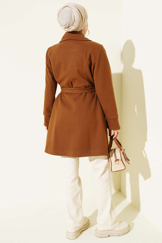 Peter Pan Collar Belted Cashmere Coat, Tan
