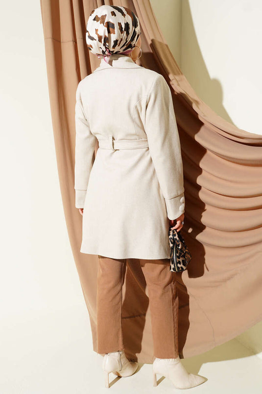 Peter Pan Collar Belted Cashmere Coat with Stones