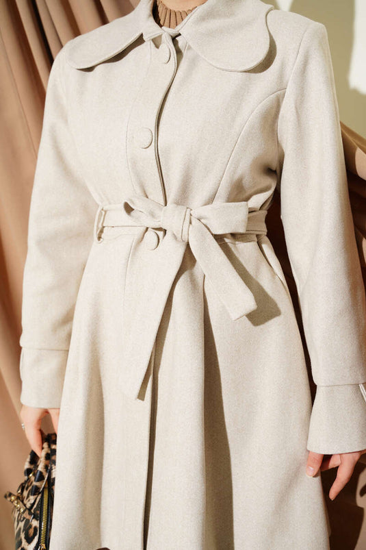 Peter Pan Collar Belted Cashmere Coat with Stones