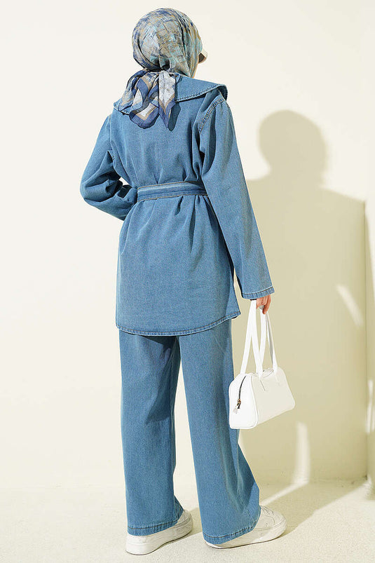 Bebe Yaka Ceintuurloze Denim Tweedelige Set Lichtblauw