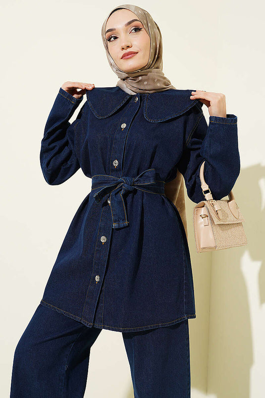 Belted Denim Two-Piece Set with Baby Collar, Navy Blue