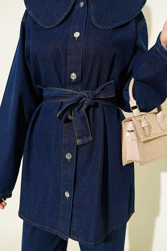 Belted Denim Two-Piece Set with Baby Collar, Navy Blue