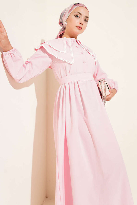 Bebe Yaka Yarım Düğmeli Elbise Pembe