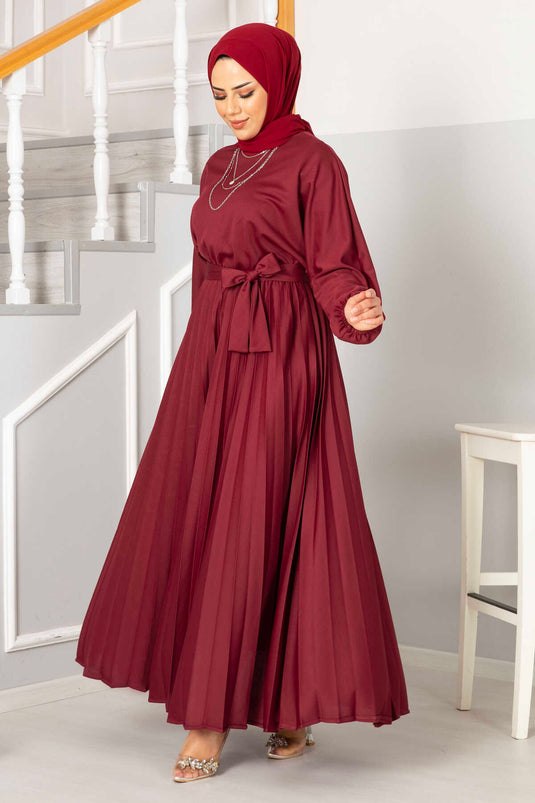 Begonia Plissee-Hijab-Kleid Weinrot