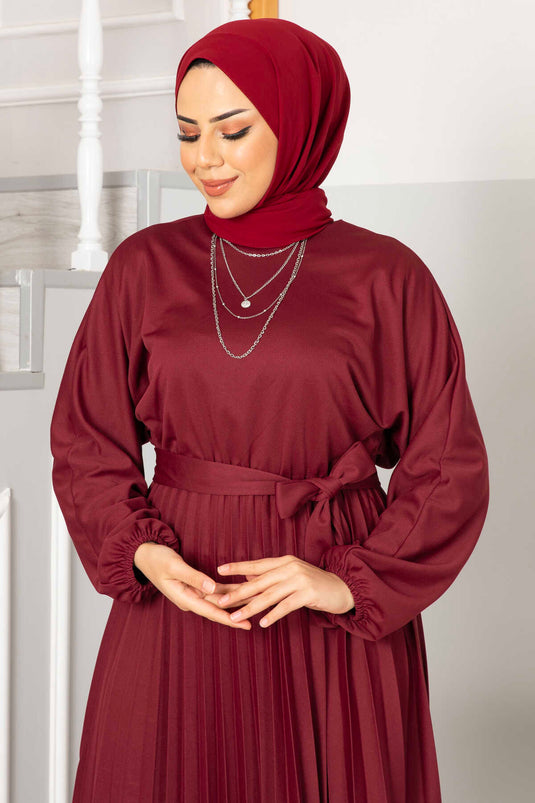 Begonia Plissee-Hijab-Kleid Weinrot