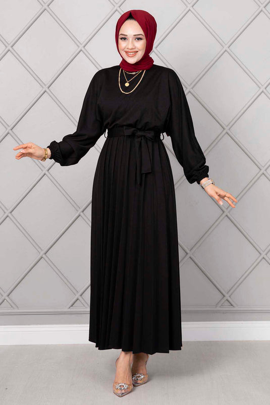 Begonia Plissiertes Hijab-Kleid Schwarz