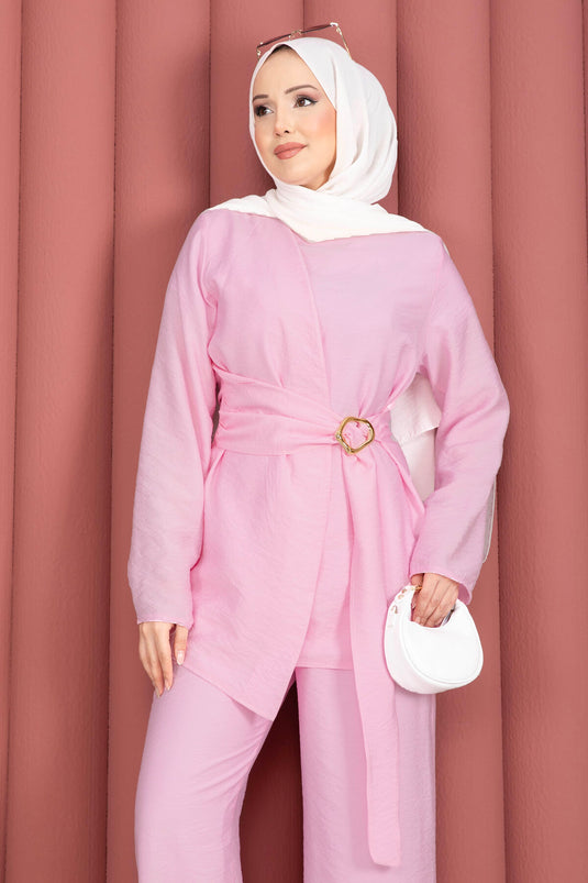 Bel Aksesuar Detaylı Tunik Pantolon İkili Takım Pembe