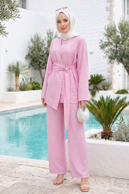 Bel Aksesuar Detaylı Tunik Pantolon İkili Takım Pembe
