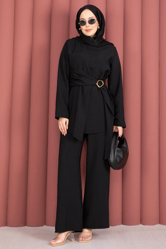 Belaccessoire Details Tuniek Broek Tweedelig Set Zwart