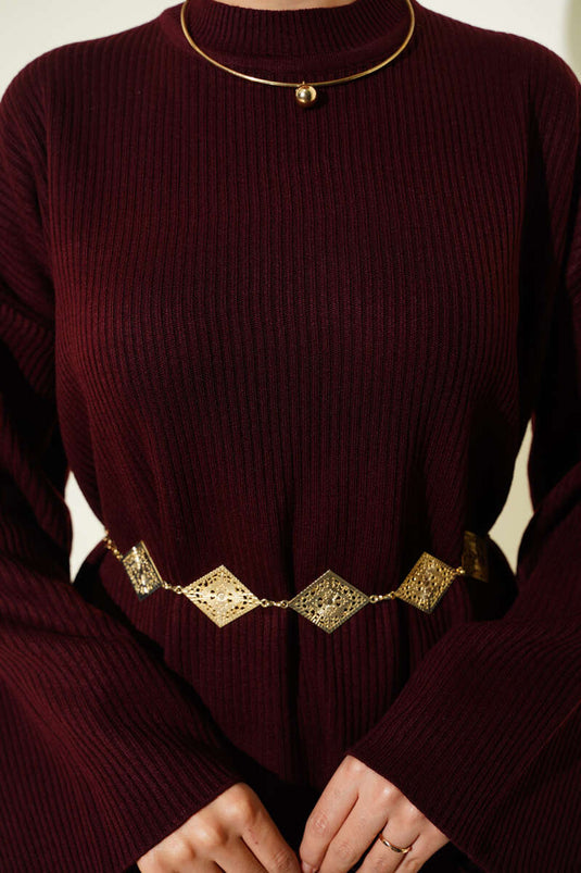 Bordeaux Strickkleid Mit Gürtel