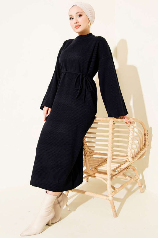 Navy Blue Crew Neck Knitted Dress with Belt