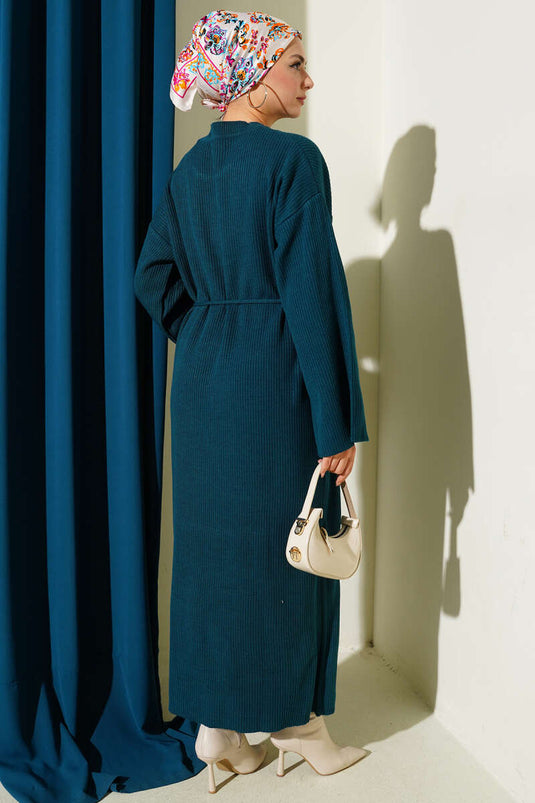 Bel Bağcıklı Bisiklet Yaka Triko Elbise Petrol