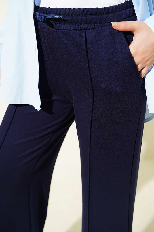 Bel Bağcıklı Çımalı Pantolon Lacivert