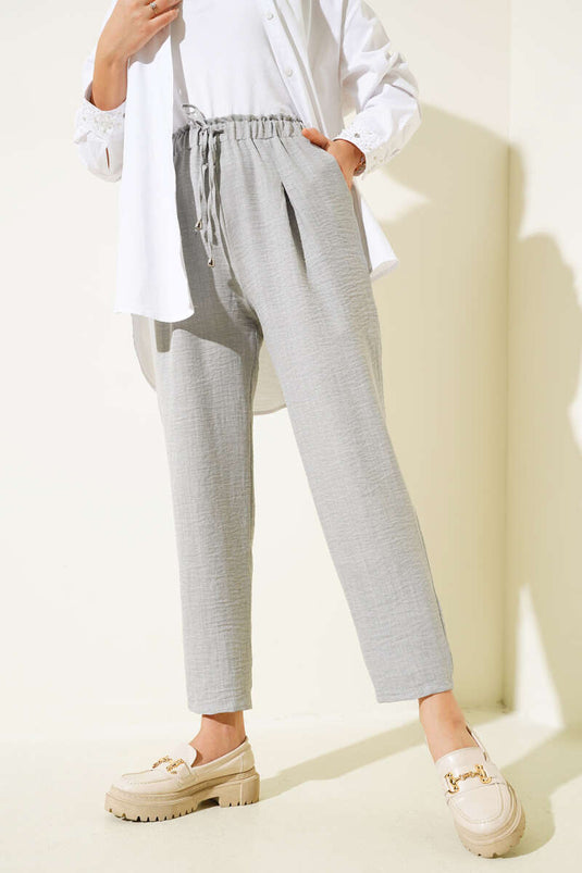 Pantalon Carotte En Dentelle Taille Gris