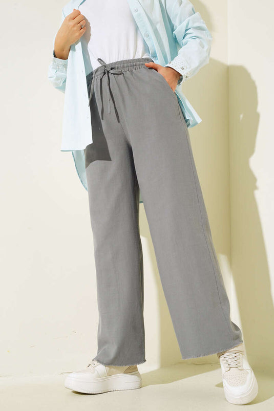 Pantalon à Pompons à Lacets à la Taille Gris