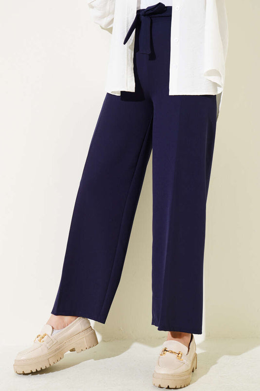 Comfortable Loose Fit Navy Blue Pants with Belt Loops