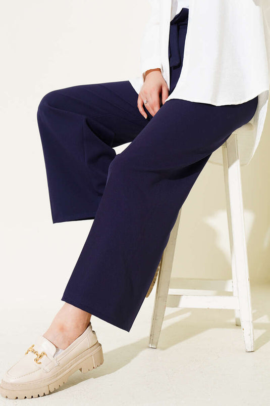 Pantalon bleu marine confortable à jambe large avec lien à la taille