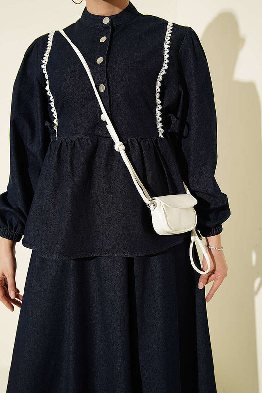 Dark Blue Belted Embroidered Skirt Set