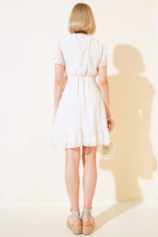 Jurk met tailleband en korte mouwen, ecru