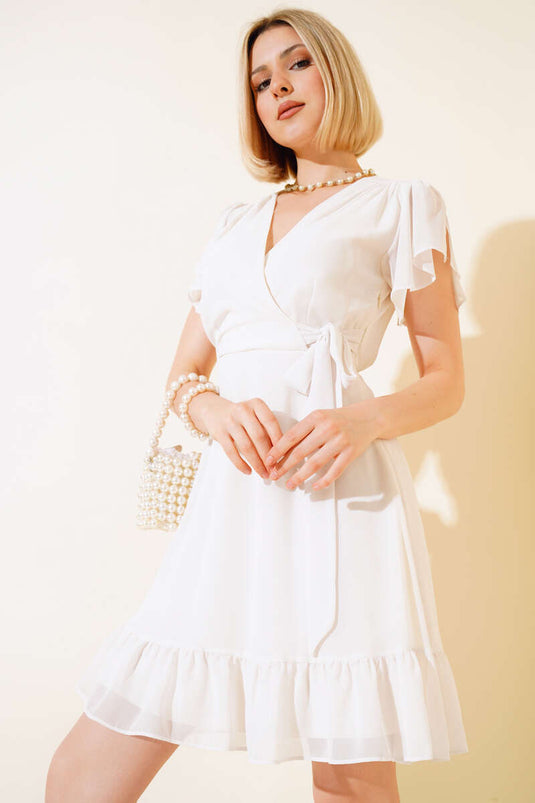 Jurk met tailleband en korte mouwen, ecru