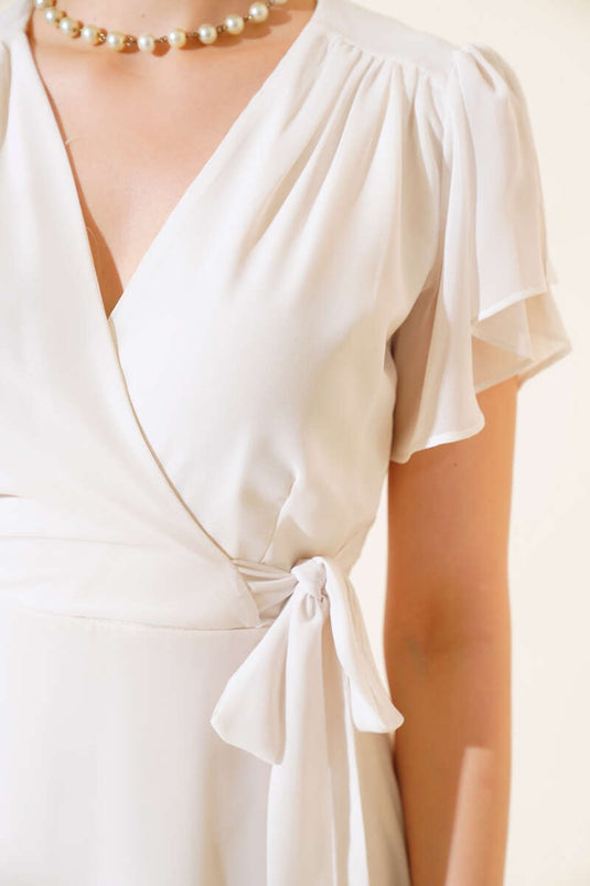 Jurk met tailleband en korte mouwen, ecru