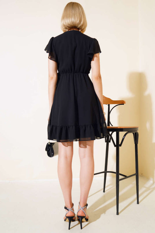 Bel Bağlamalı Kısa Kol Elbise Siyah