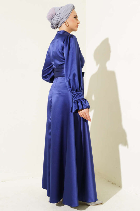 Robe Plissée à Manches Nouées à la Taille Bleu Marine